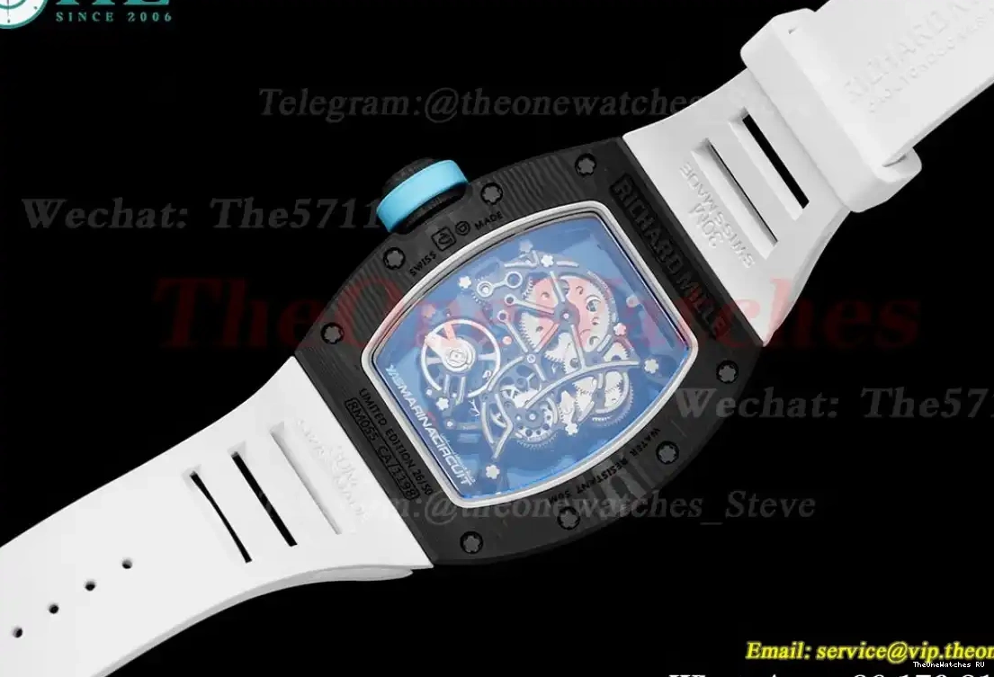 Strap White On Skeleton NTPT Dial Blue BBRF Rubber RM055 Real RMUL2 0417